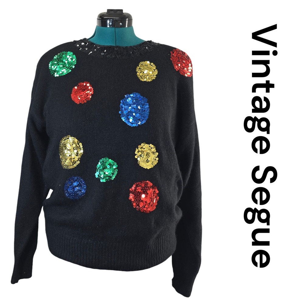 Segue Black Sequin‎ Polka Dot Knit Sweater Womens L Silk Angora Rabbit Hair